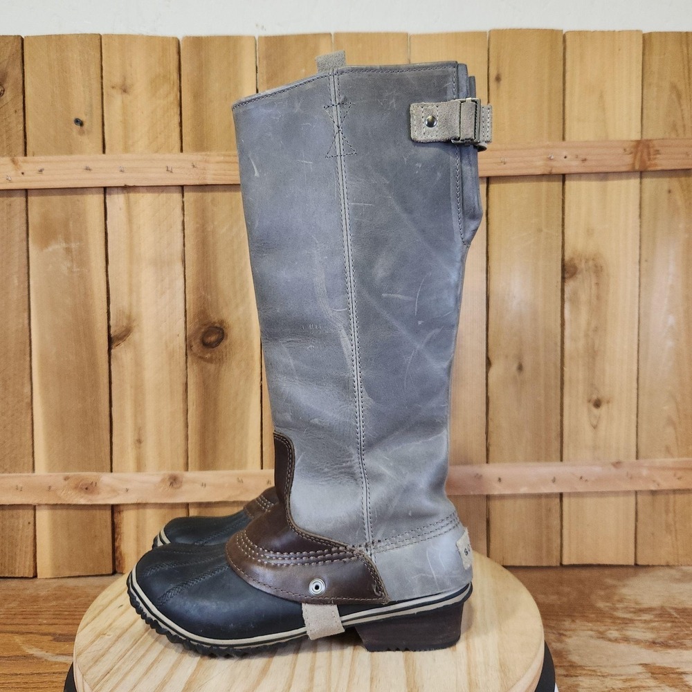 Sorel Slimpack Tall Equestrian Riding Boots Womens 8.5 Gray Leather Knee High